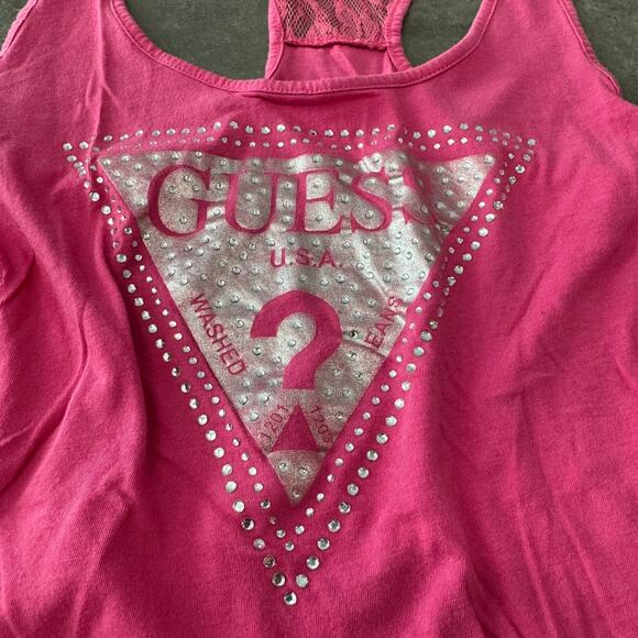 Vintage Y2K Pink Guess Mcbling Lace Racer Back Rhinestone Tank Top Medium - Picture 2 of 6